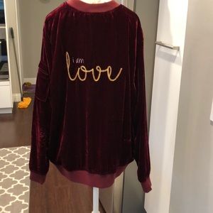 Peace Love World Cranberry Velvet Baseball Jacket